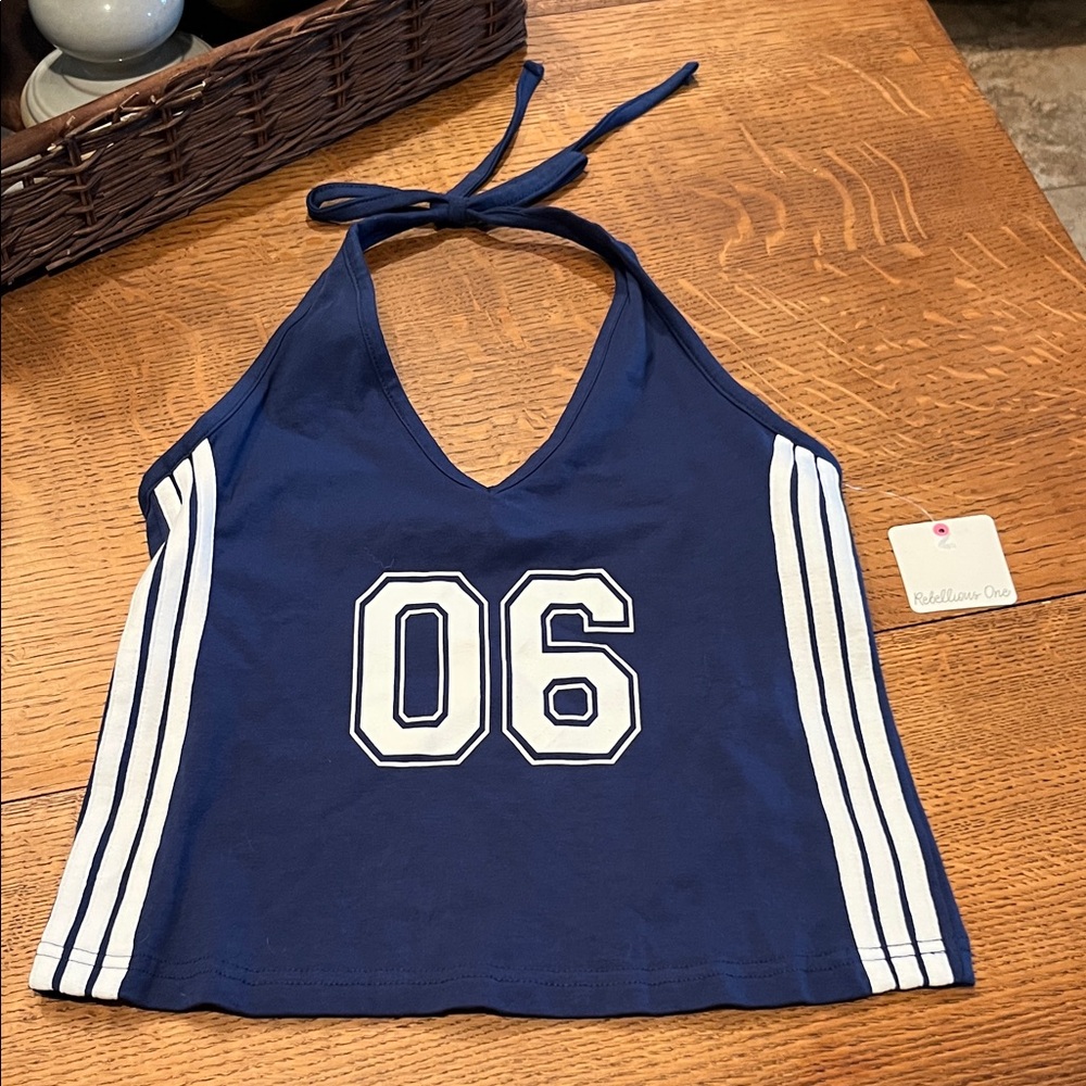 Rebellious One Navy Halter Crop Top with White '06' Graphic - Picture 1 of 5